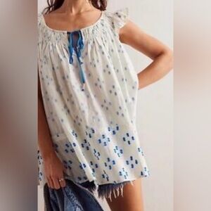 We The Free Jules Dress Cotton Tunic Top Ivory and Blue Patterned Top